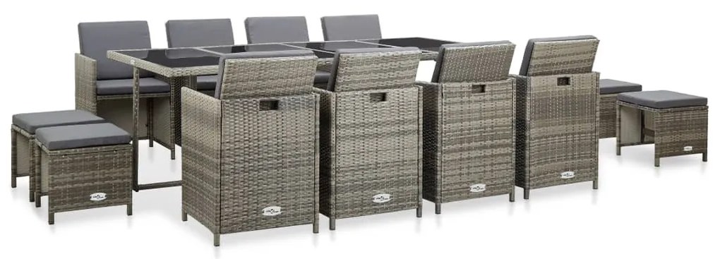 vidaXL Σετ Τραπεζαρίας Εξ. Χώρου 13 τεμ. Γκρι Συνθ. Ρατάν με Μαξιλάρια