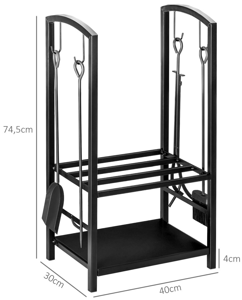 Outsunny Σταντ για Ξύλα Τζακιού, Ράφι Ξύλων, 2 Επίπεδα, Εργαλεία Τζακιού, έως 100 kg, Ατσάλι, Μαύρο, 40 x 30 x 74,5 cm