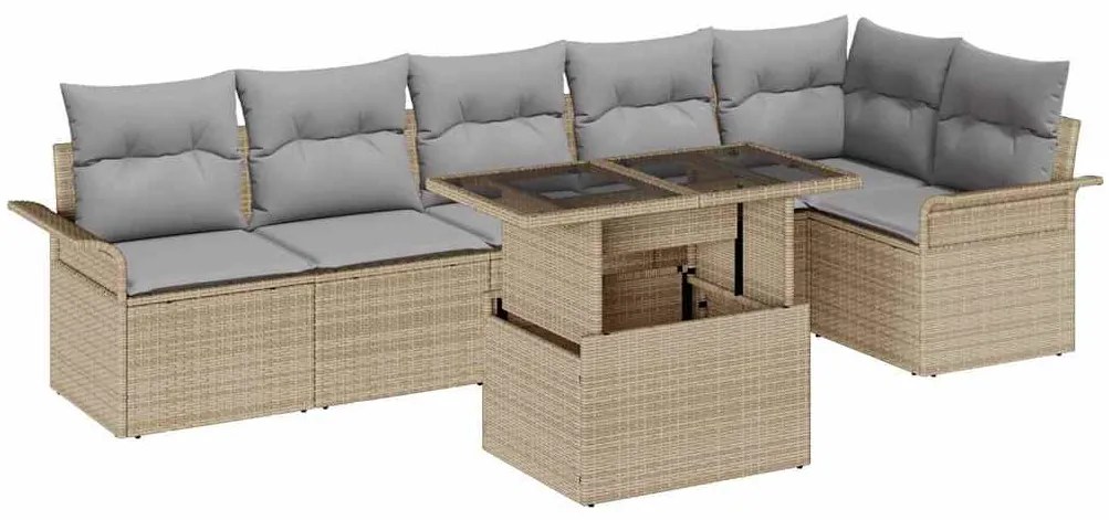 vidaXL Σετ Καναπέ Κήπου με μαξιλάρι 7 pcs Μπεζ Πολυ ράταν