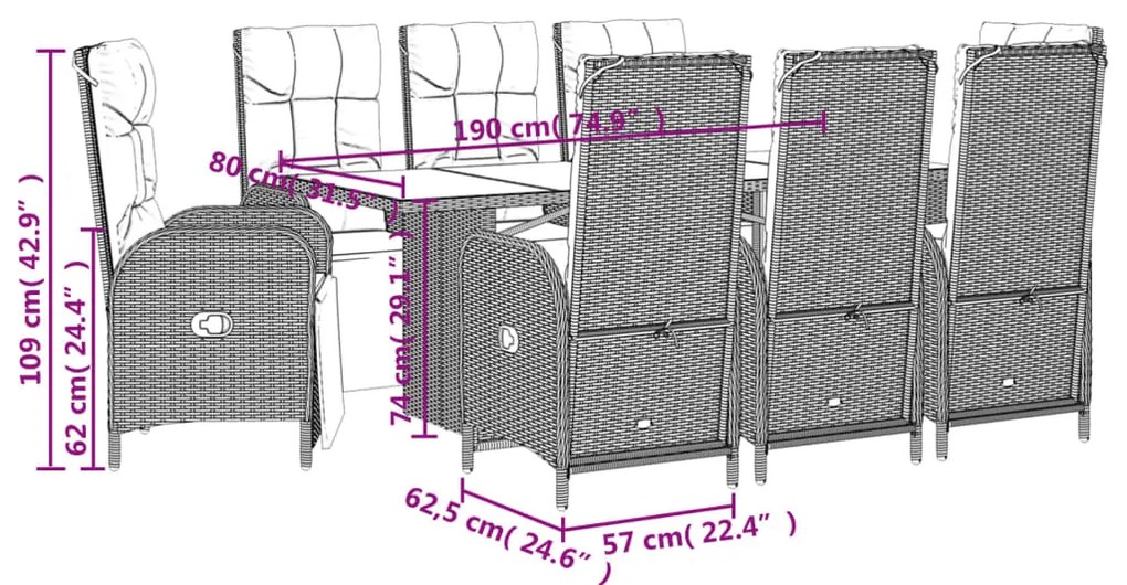 vidaXL Σετ Τραπεζαρίας Κήπου 9 τεμ Μαύρο από Συνθ. Ρατάν με Μαξιλάρια