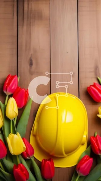 Intra Συλλεκτικό Ξύλινο Παζλ Plywood  4mm - Κίτρινο σκληρό καπέλο με τουλίπες σε ξύλινο τραπέζι Σε Ξύλινο Κουτί - Διαστάσεις: 10x10 cm – 25 κομμάτια