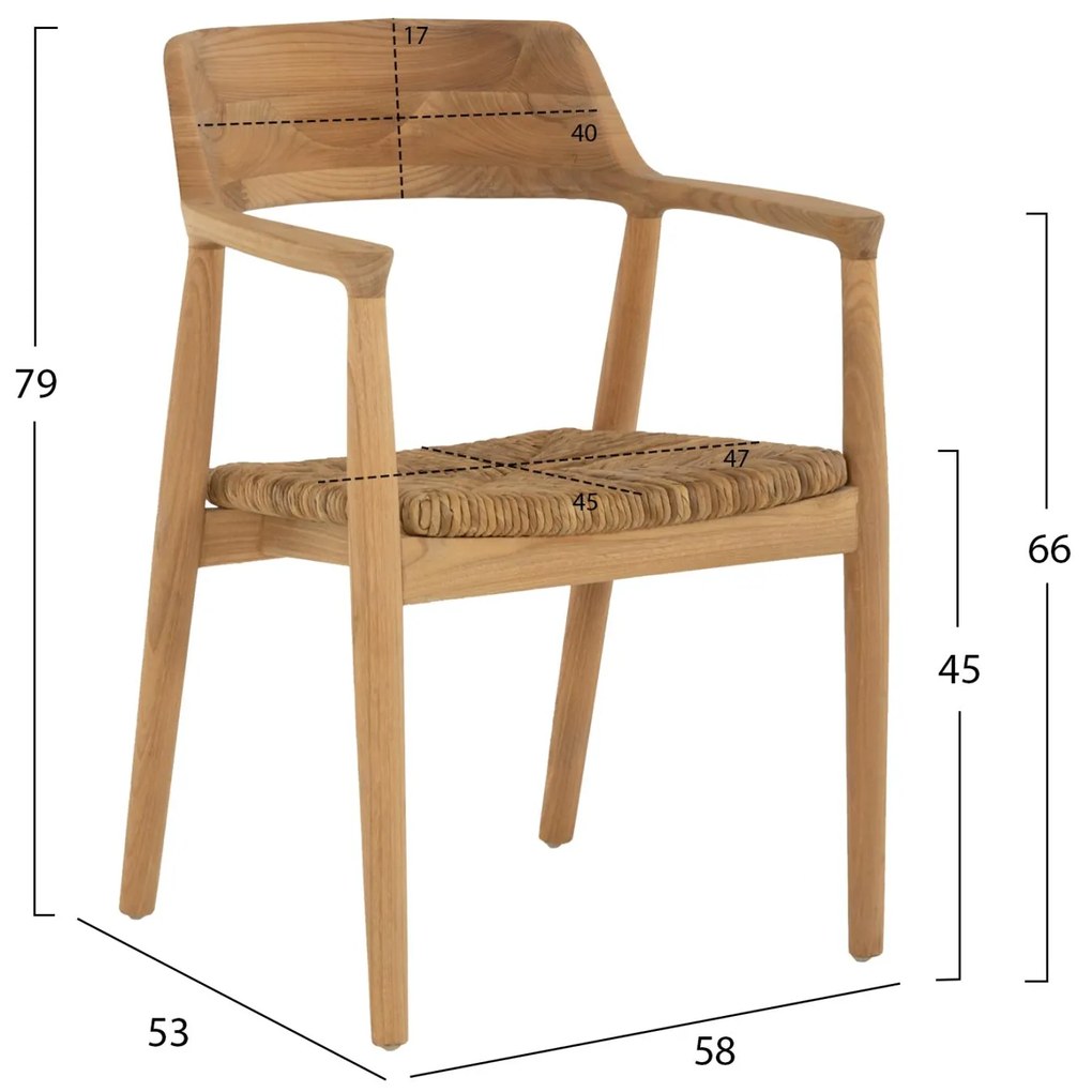 Καρέκλα-Πολυθρόνα KINGSLEY2 Ξύλο Teak και κάθισμα Ψάθα 58x53x79εκ. 58x53x79 εκ.