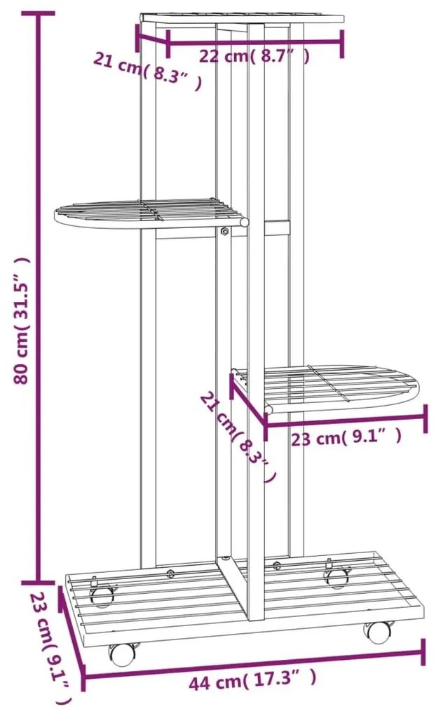 Βάση Λουλουδιών 4 Επιπέδων με Ρόδες 44x23x80 εκ. Μαύρη Σίδερο - Μαύρο