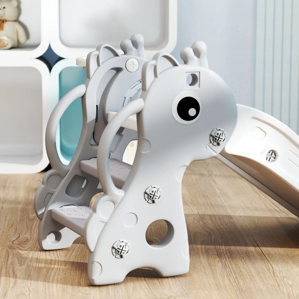 AIYAPLAY 3-σε-1 Παιδική Τσουλήθρα, Σχέδιο Καμηλοπάρδαλης, Καλάθι Μπάσκετ, Μπάλα, Γκρι