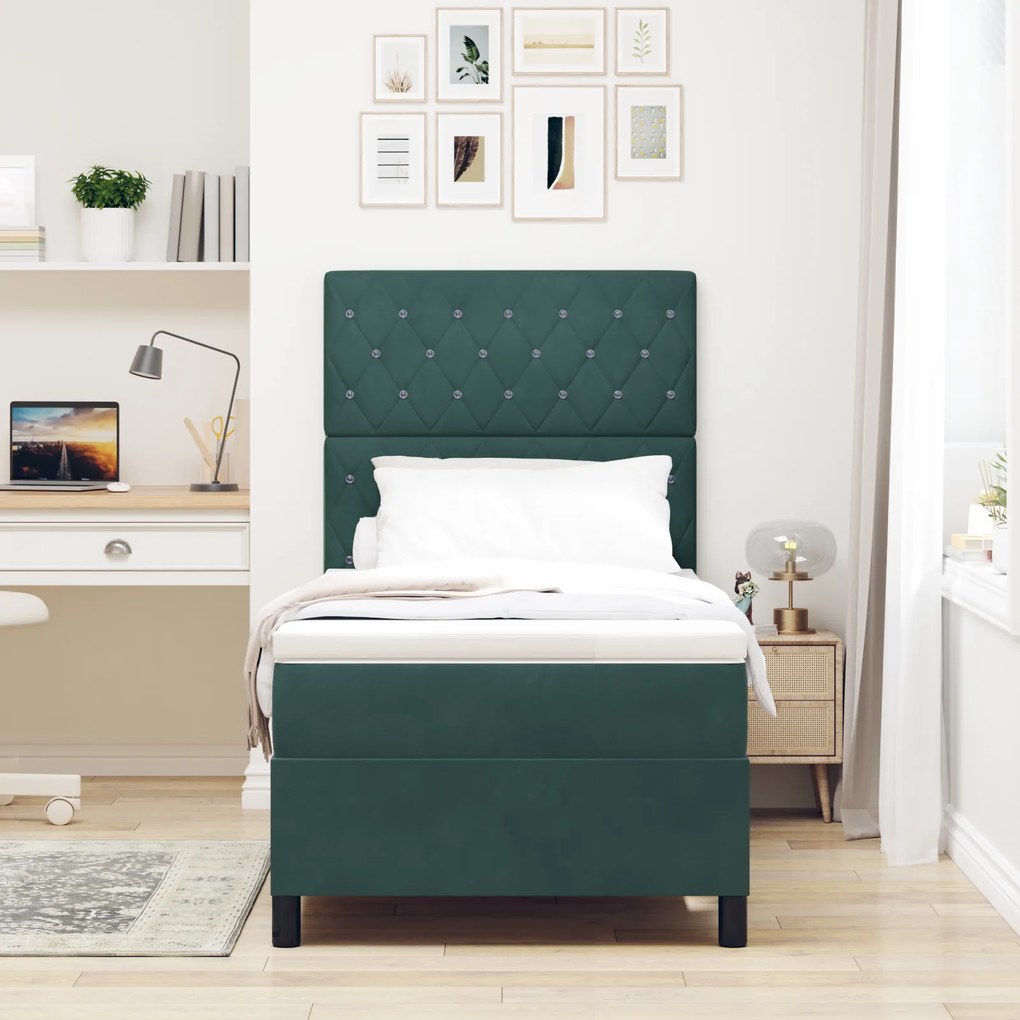 vidaXL Κρεβάτι Box Spring με Στρώμα Σκούρο Πράσινο 90x200 εκ. Βελούδο