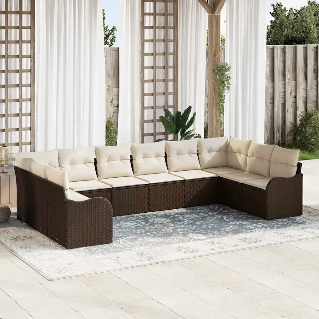 vidaXL Σετ Καναπέ Κήπου με μαξιλάρι 10 pcs Καφέ Πολυ ράταν