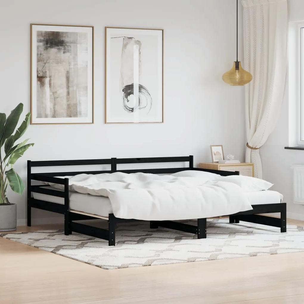 Καναπές Κρεβάτι Συρόμενος Μαύρος 90 x 200 εκ. Μασίφ Ξύλο Πεύκου