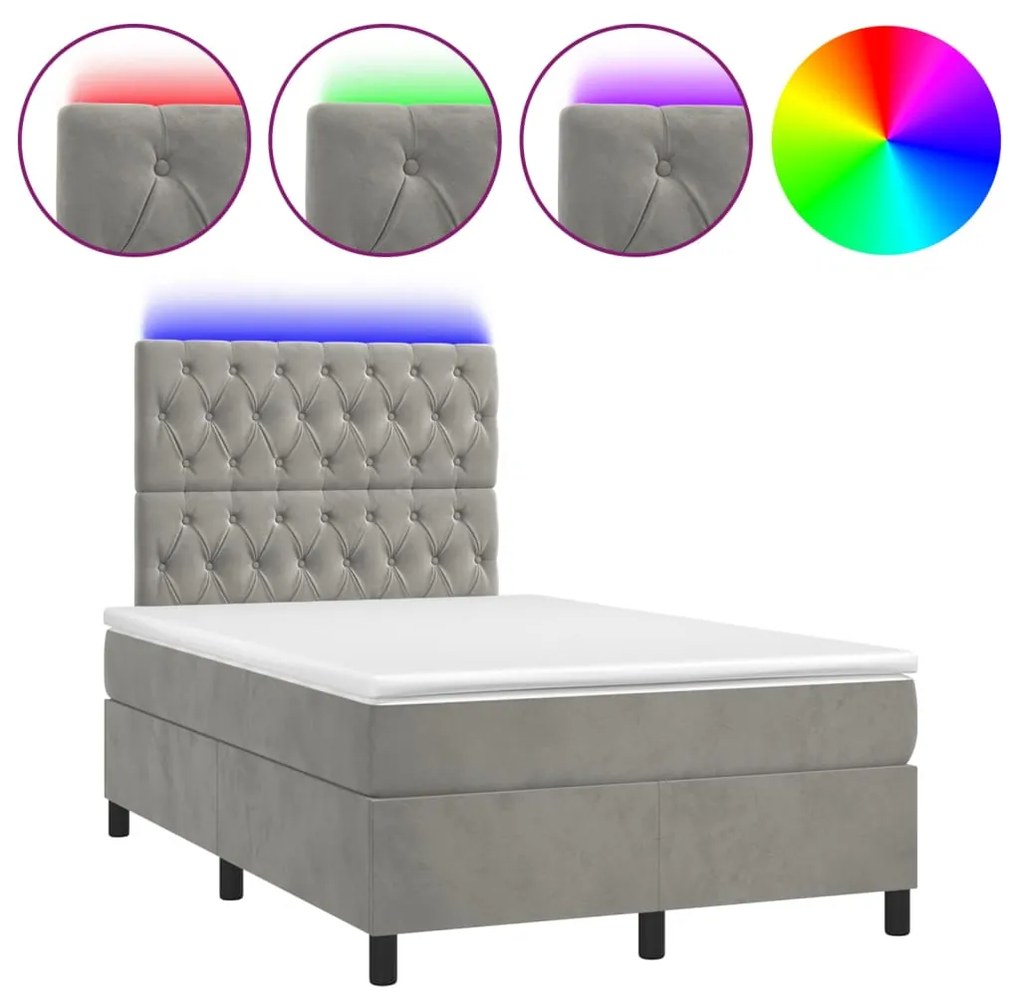 Κρεβάτι Boxspring με Στρώμα &amp; LED Αν.Γκρι 120x200 εκ. Βελούδινο - Γκρι