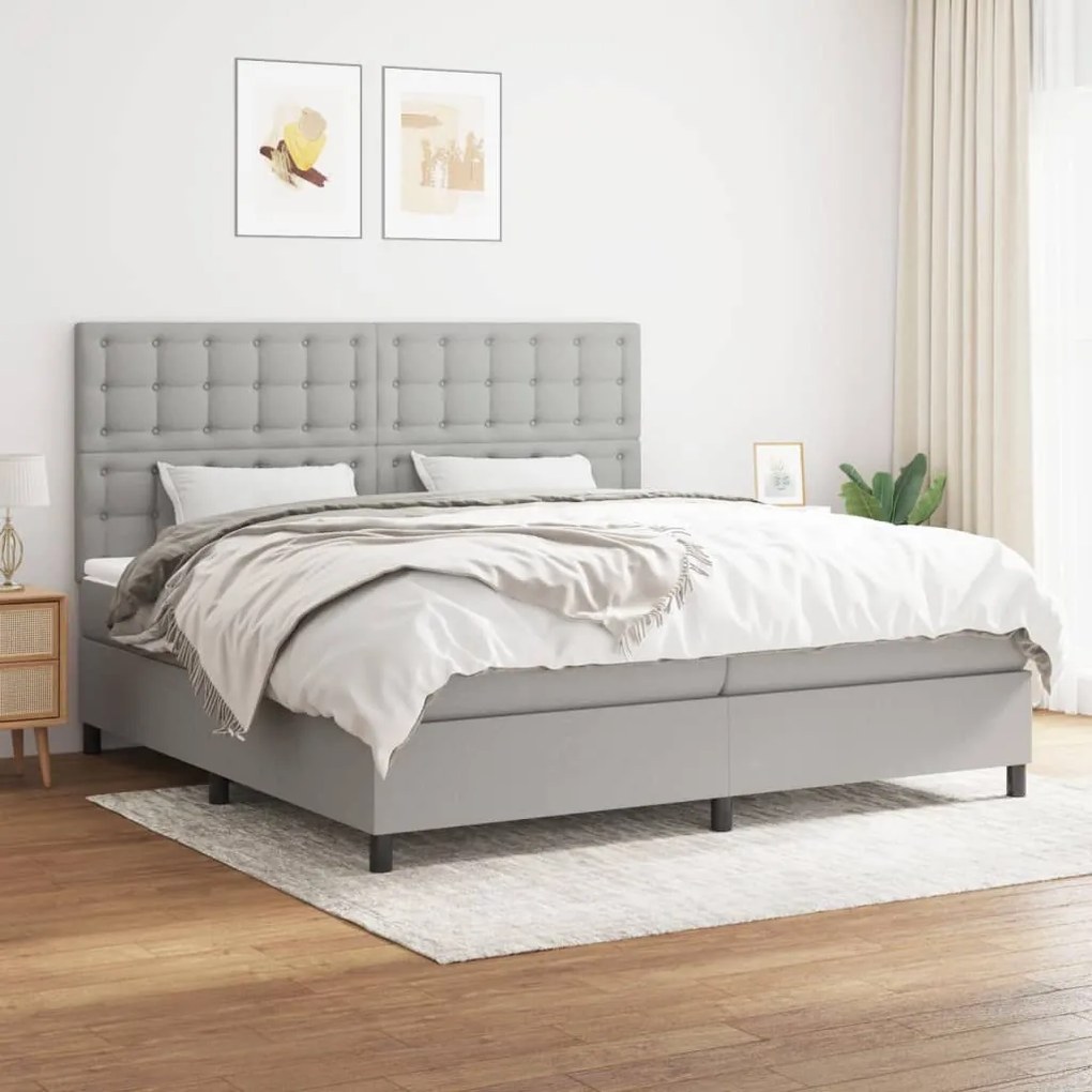 Κρεβάτι Boxspring με Στρώμα Ανοιχτό Γκρι 200x200 εκ. Υφασμάτινο