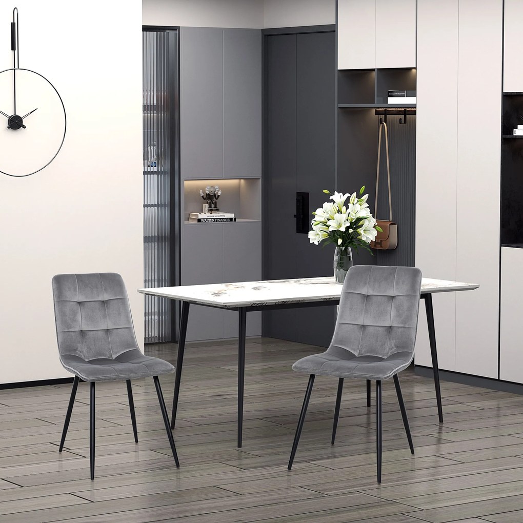HOMCOM Σετ 2 καρεκλών τραπεζαρίας, επενδεδυμένη καρέκλα κουζίνας με όψη βελούδου, τραπέζι τραπεζαρίας βελούδο μέταλλο γκρι+μαύρο 45 x 63 x 90 cm