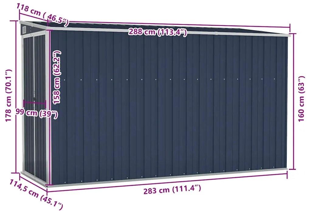 vidaXL Αποθήκη Κήπου Επιτοίχια Ανθρακί 118 x 288 x 178 εκ από Ατσάλι