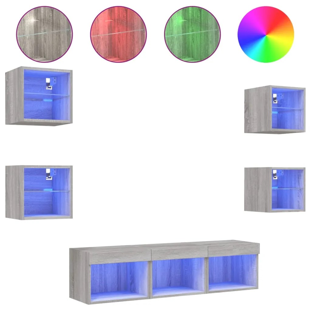 vidaXL Έπιπλα Τοίχου Τηλεόρασης 7 τεμ. LED Γκρι Sonoma από Επεξ. Ξύλο