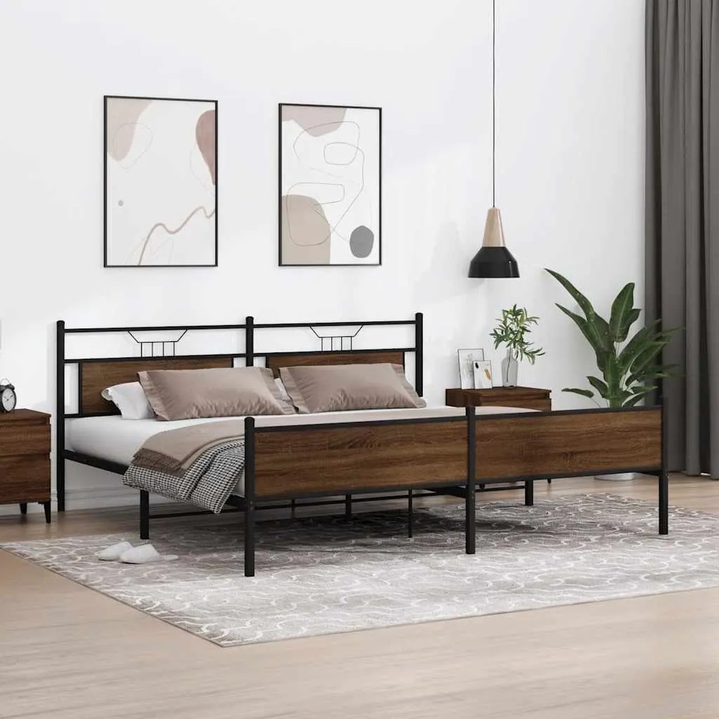 vidaXL Σκελετός Κρεβ. Χωρίς Στρώμα Καφέ Δρυς 193x201 εκ. Μεταλλικό