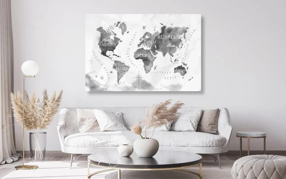 Εικόνα σε έναν παγκόσμιο χάρτη ακουαρέλας από φελλό ασπρόμαυρη - 120x80  place