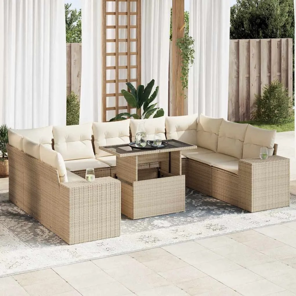 vidaXL Σετ Καναπέ Κήπου 10 τεμ. Μπεζ Συνθετικό Ρατάν με Μαξιλάρια