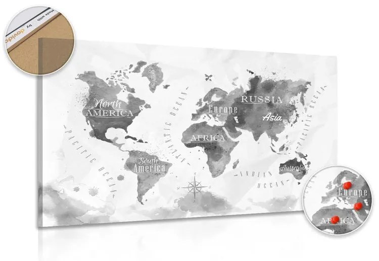Εικόνα σε έναν παγκόσμιο χάρτη ακουαρέλας από φελλό ασπρόμαυρη - 90x60  arrow