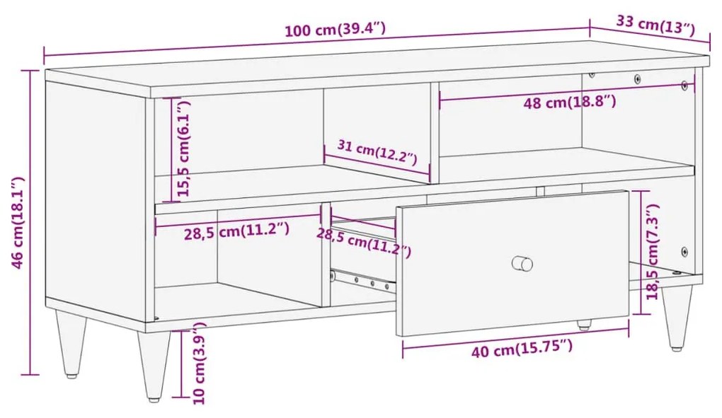 Έπιπλο Τηλεόρασης 100 x 33 x 46 εκ. από Μασίφ Ξύλο Μάνγκο - Καφέ