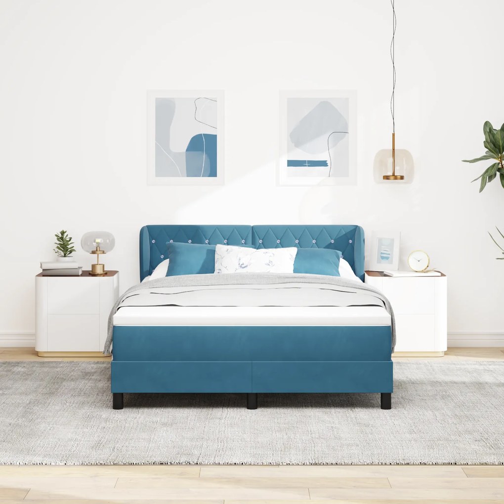 vidaXL Κρεβάτι Box Spring με Στρώμα σε Σκούρο Μπλε 160x200 εκ. από Βελούδο
