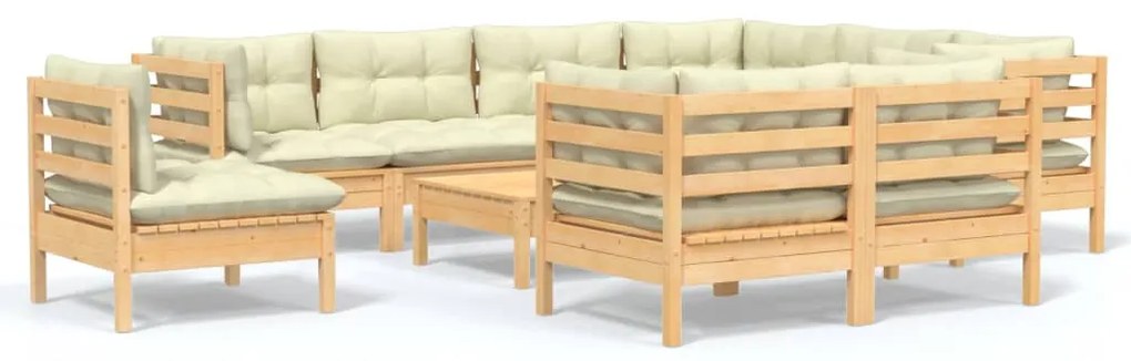 vidaXL Σαλόνι Κήπου Σετ 10 τεμ. από Μασίφ Ξύλο Πεύκου &amp; Κρεμ Μαξιλάρια