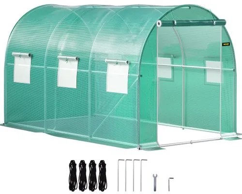 VEVOR Walk-in Tunnel Greenhouse, 12 x 7 x 7 ft Portable Plant Hot House w/ Galvanized Steel Hoops, 1 Top Beams, 2 Diagonal Poles, 2 Zippered Doors &amp; 6 Roll-up Windows, Green