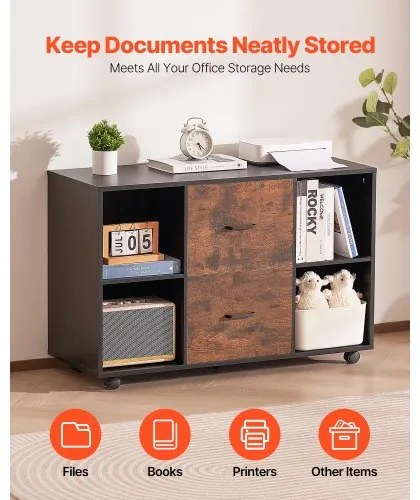 VEVOR 2 Drawer Wooden File Cabinet Mobile Filing Cabinet with Open Shelves Black
