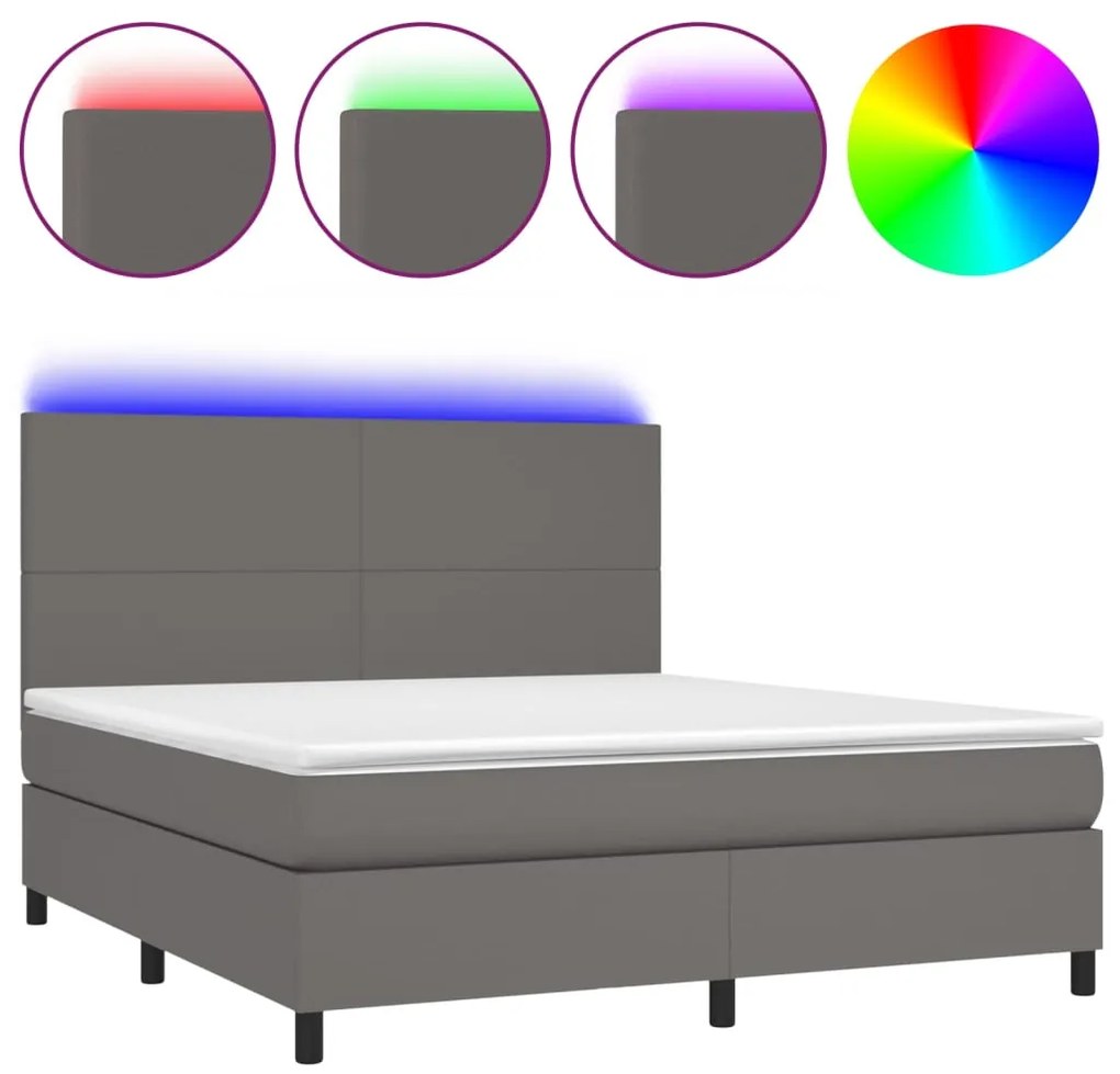 vidaXL Κρεβάτι Boxspring με Στρώμα &amp; LED Γκρι 180x200 εκ. Συνθ. Δέρμα