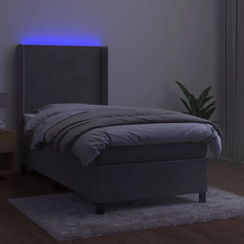 vidaXL Κρεβάτι Boxspring με Στρώμα & LED Αν.Γκρι 100x200 εκ. Βελούδινο