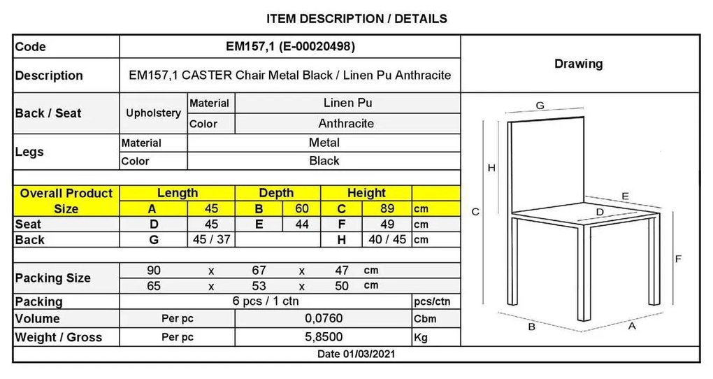 Καρέκλα CASTER Μεταλλική Βαφή Μαύρη/PU Ανθρακί 45x60x89cm (Σετ 6 ΤΕΜ)