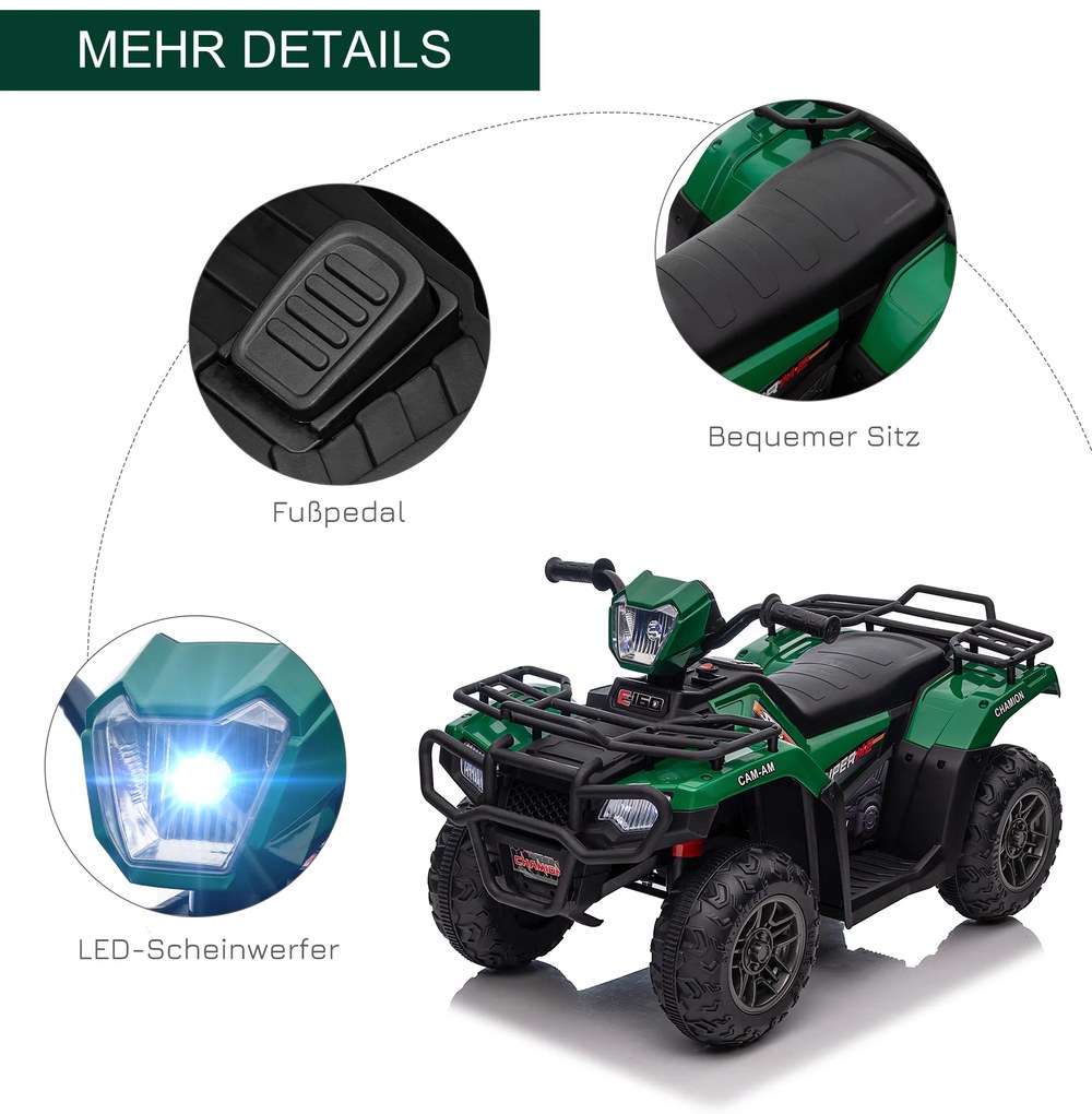 HOMCOM Ηλεκτρικό Τετράτροχο για Παιδιά, μέγιστο 4 km/h, από 3 ετών, προβολείς LED, σύνδεση μουσικής, μαύρο+πράσινο 88 x 45 x 50 cm