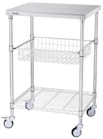 VEVOR Kitchen Utility Cart, 3 Tiers, Wire Rolling Cart with 470LBS Capacity, Steel Service Cart on Wheels, Metal Storage Trolley with 76mm Basket Curved Handle PP Liner 6 Hooks, for Indoor and Outdoor