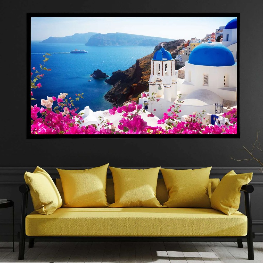 Πίνακας σε Plexiglass με Θέμα &#8220;Καλντέρα-Σαντορίνη&#8221; σε μαύρη ξύλινη Κορνίζα - 80cmx50cm