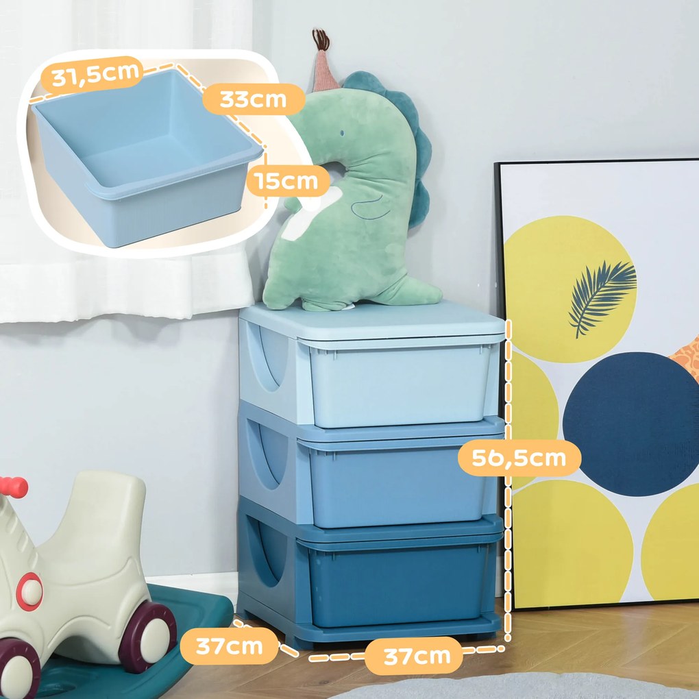 HOMCOM Κουτιά αποθήκευσης για παιδιά, 3 συρτάρια, στρογγυλεμένες άκρες, υπερυψωμένο σχέδιο, 37x37x56,5 cm, Μπλε