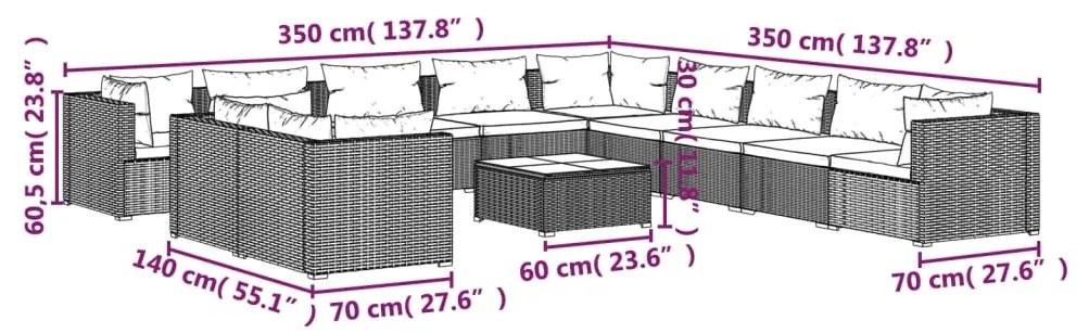 vidaXL Σαλόνι Κήπου 12 Τεμαχίων Καφέ από Συνθετικό Ρατάν με Μαξιλάρια