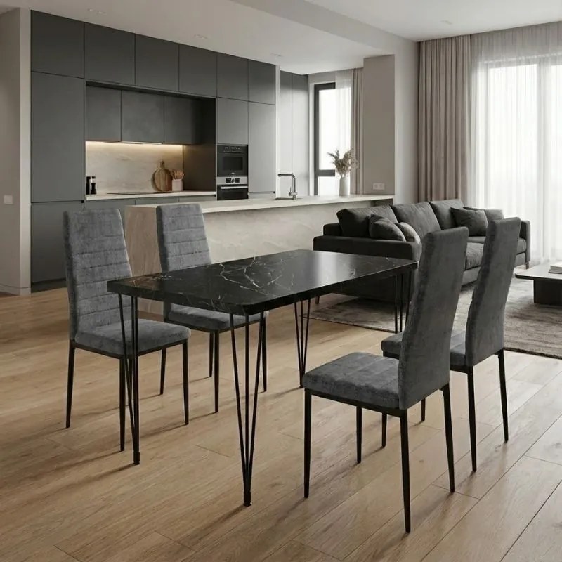 Σετ τραπεζαρία 5τμχ Roger - Rosa Megapap Mdf - ύφασμα χρώμα μαύρο εφέ μαρμάρου - γκρι 120x70x75εκ.