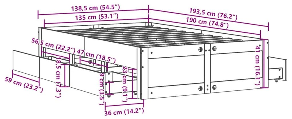 Σκελετός Κρεβατιού Χωρίς Στρώμα με Συρτάρια Μασίφ Ξύλο Πεύκου - Λευκό
