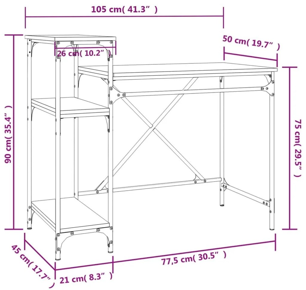 Γραφείο με Ράφια Sonoma Δρυς 105x50x90 εκ. Επεξ. Ξύλο/Σίδηρος - Καφέ