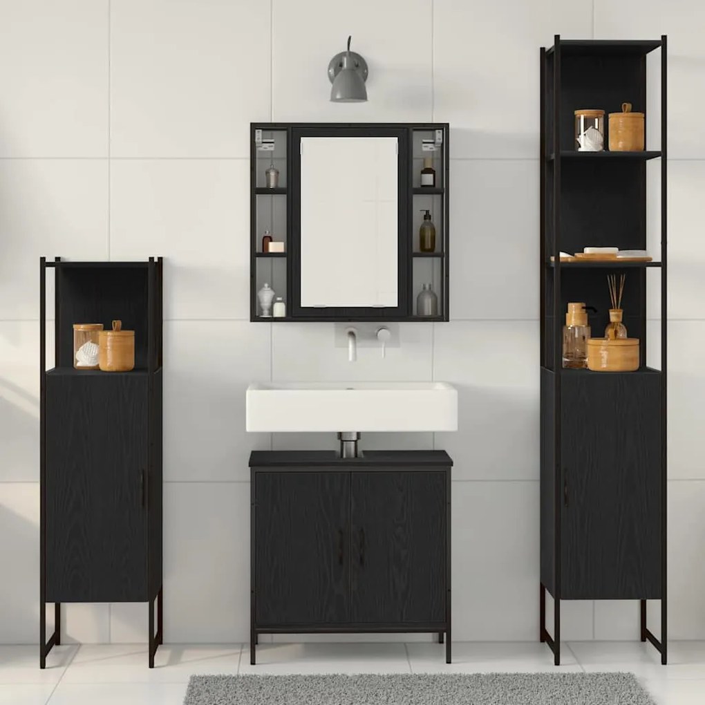 vidaXL Σετ Επίπλων Μπάνιου με ράφι 4 pcs Μαύρο 33 x 33 x 185.5 εκ