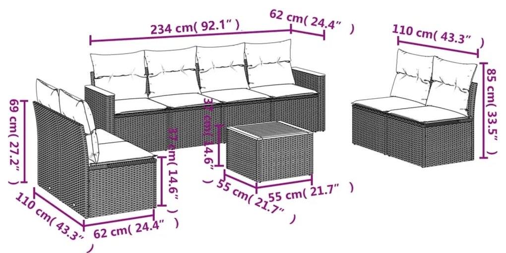 vidaXL Σαλόνι Κήπου Σετ 9 τεμ. Μπεζ Συνθετικό Ρατάν με Μαξιλάρια