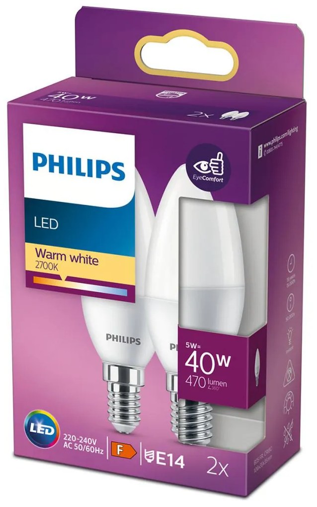 Philips Λάμπες LED 5W για Ντουί E14 και Σχήμα B35 Θερμό Λευκό 470lm 2τμχ