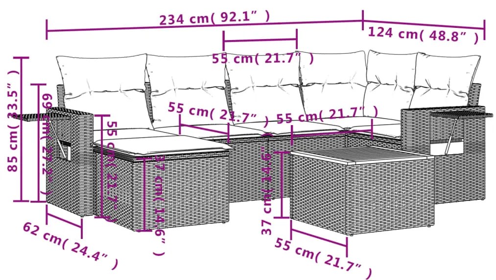 vidaXL Καναπές Σετ 7 Τεμαχίων Μαύρο Συνθετικό Ρατάν με Μαξιλάρια