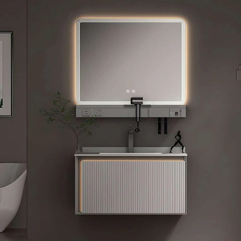 Έπιπλο Μπάνιου Πάγκος Με Νιπτήρα &amp; Καθρέπτη Led Greys 9SGRE080LGR 80x50/80x60cm Light Grey Polywood,Porcelain