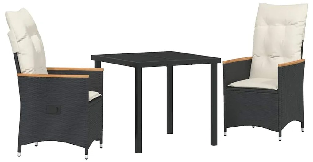 vidaXL Σέτ φαγητού για κήπο με μαξιλάρι 3 pcs Μαύρο Πολυ ράταν