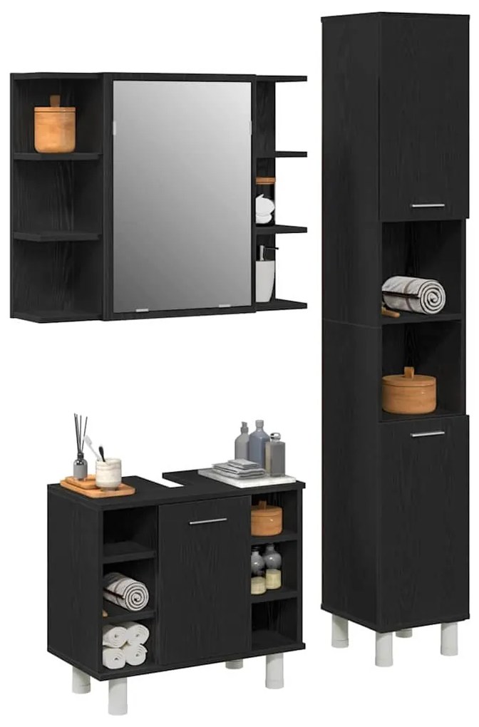 vidaXL Σετ Επίπλων Μπάνιου με ράφι 3 pcs Μαύρο 30 x 30 x 179.5 εκ