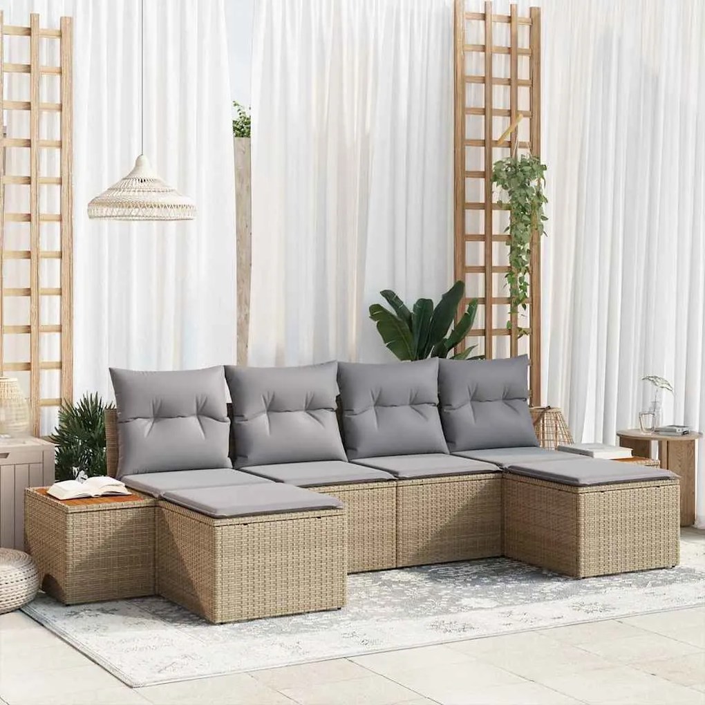 vidaXL Σετ Καναπέ Κήπου με μαξιλάρι 6 pcs Μπεζ Πολυ ράταν