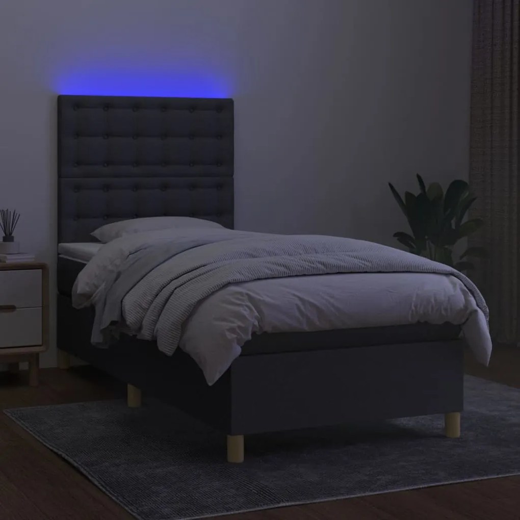 vidaXL Κρεβάτι Boxspring με Στρώμα &amp; LED Σκ.Γκρι 90x200 εκ. Υφασμάτινο