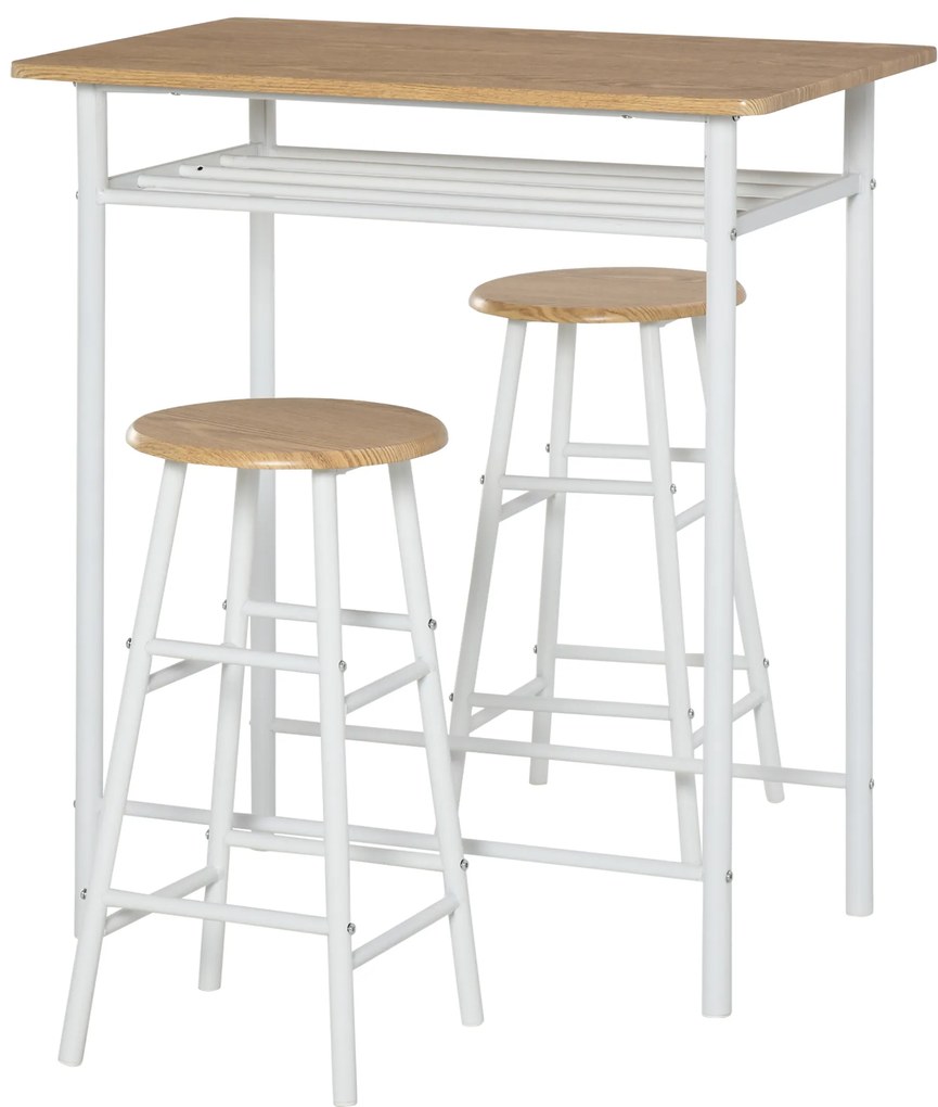 HOMCOM Σετ Μπάρας με 2 Σκαμπό Μπαρ, Τραπέζι Κουζίνας με Ράφι Αποθήκευσης, Τραπέζι Τραπεζαρίας για Τραπεζαρία, Κουζίνα, Λευκό