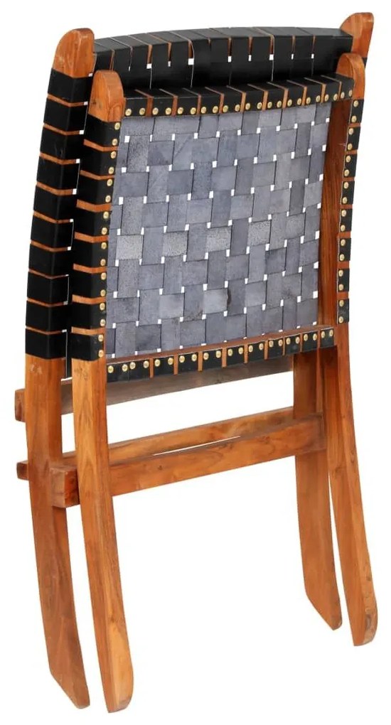 Καρέκλα Πτυσσόμενη με Χιαστί Λωρίδες Μαύρη από Γνήσιο Δέρμα - Μαύρο