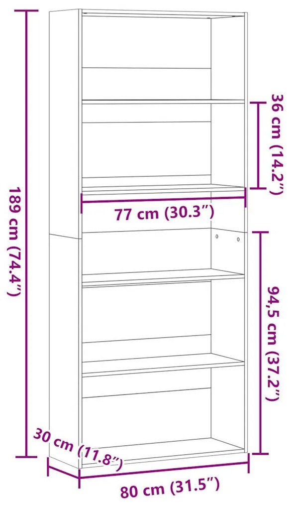 Ντουλάπι βιβλίων καπνιστή δρυς 80x30x189 cm Κατασκευασμένο ξύλο - Καφέ
