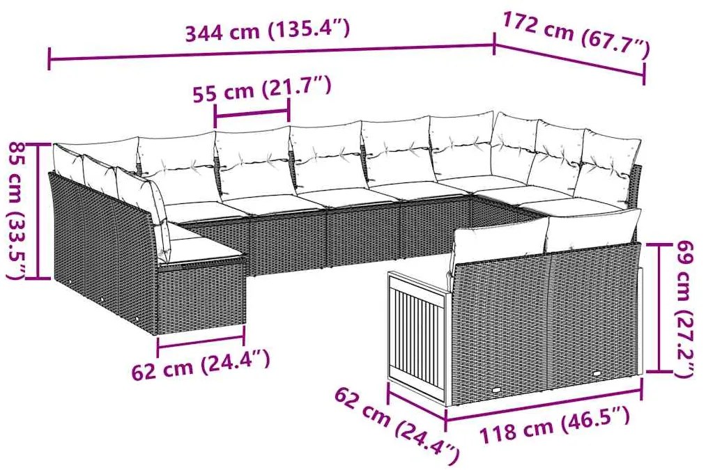 vidaXL Σαλόνι Κήπου 12 Τεμαχίων Μαύρο Συνθετικό Ρατάν με Μαξιλάρια