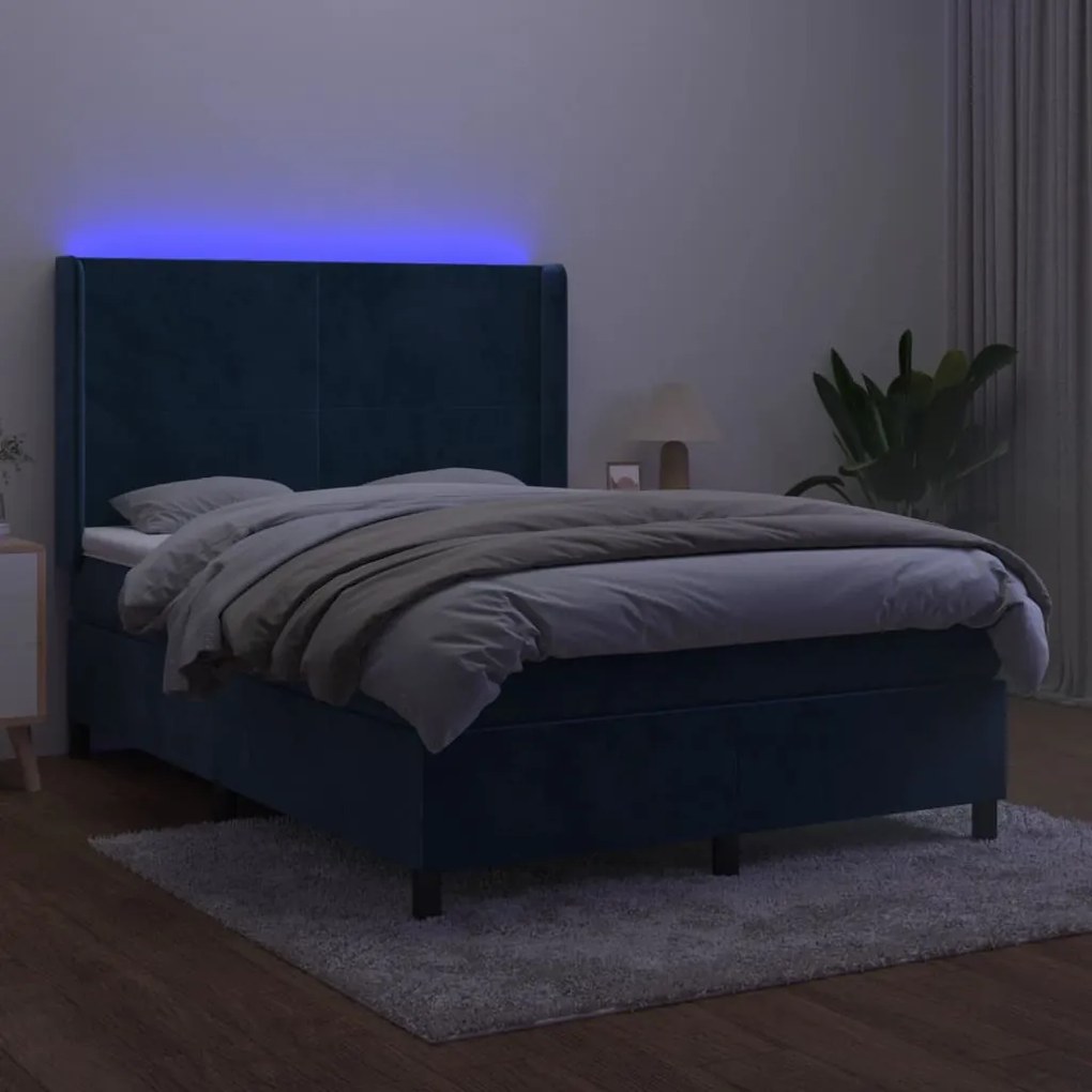 Κρεβάτι Boxspring με Στρώμα &amp; LED Σκ. Μπλε 140x190εκ. Βελούδινο - Μπλε